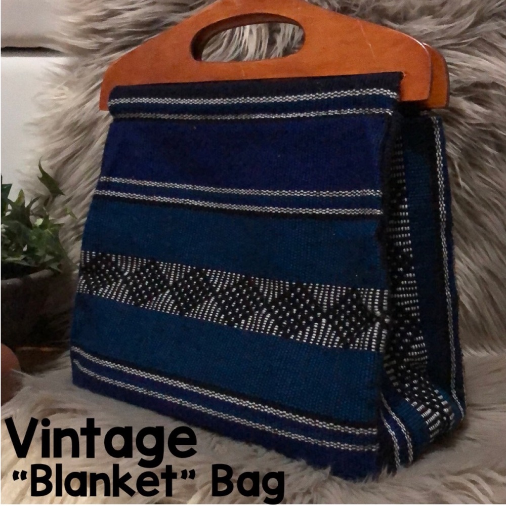 Gorgeous Vintage”Tapestry”/“Blanket”Bag-Hand Carry- Blue/Teal/Black/White-EUC